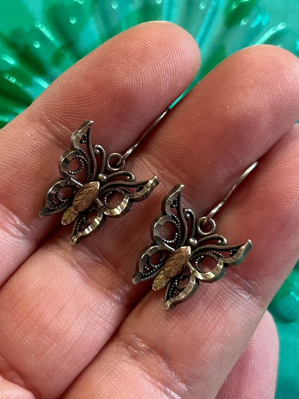 Vintage Black Hills Gold Sterling Silver 925 10k Filigree Butterfly Earrings